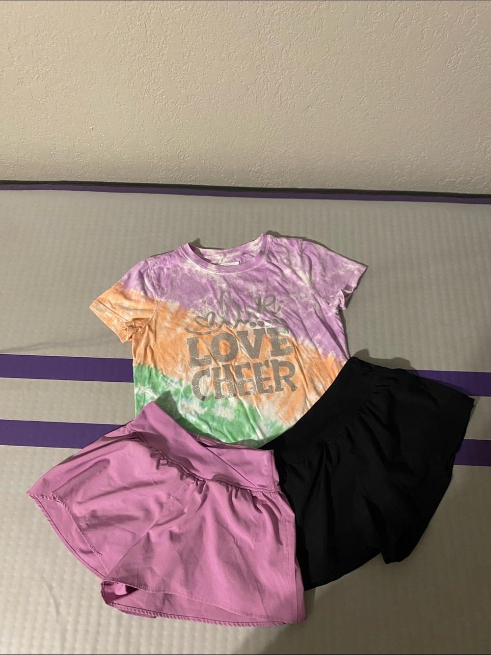 Kids Tie-Dye 'Love Cheer' Short Sleeve Tee - with black and purple/pink shorts